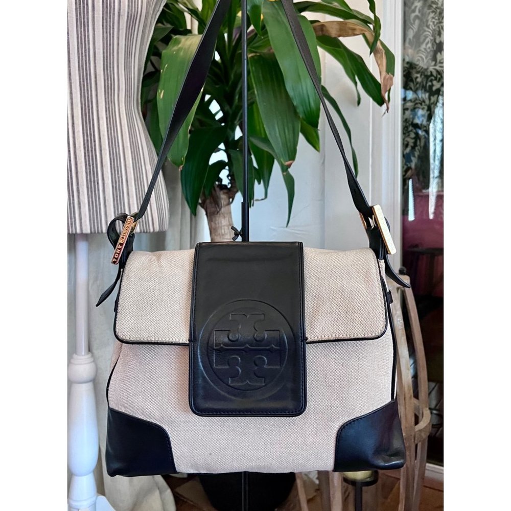 TORY BURCH AUTHENTIC VINTAGE CANVAS AND BLACK (DARK BLUE?) HANDBAG